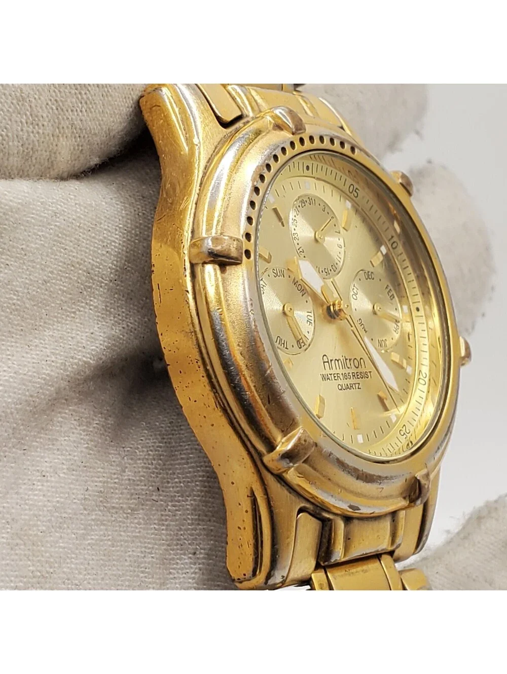 Armitron Multifunction Watch Men 37mm Gold Tone Rotating Bezel New Battery